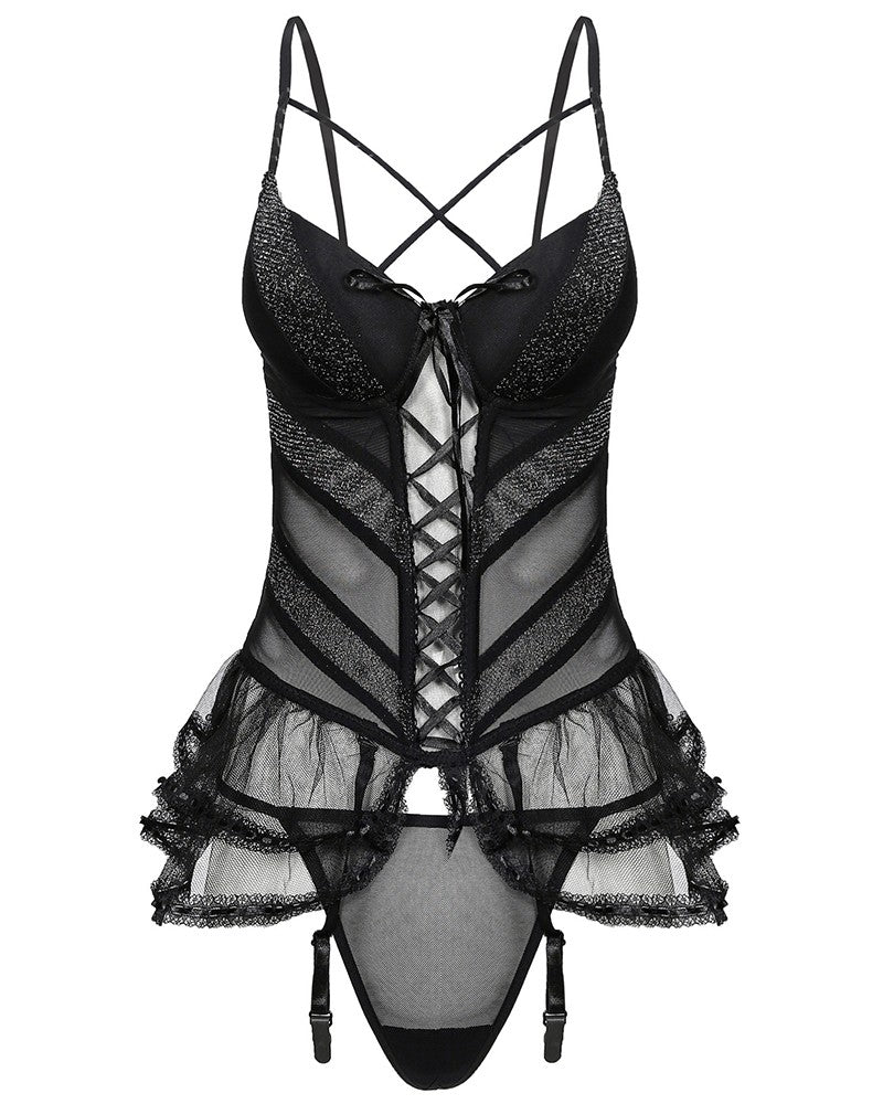 Sheer Mesh Lace Strap Babydoll With Thong