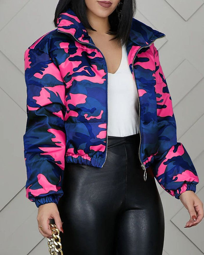 Camouflage Print Zipper Design Padded Coat