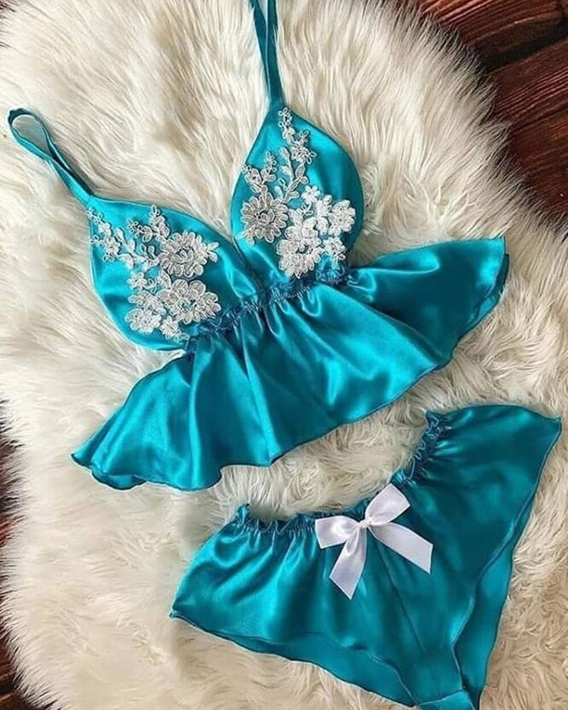 Solid Color Splicing Floral Embroidery Bowknot Sling Lingerie