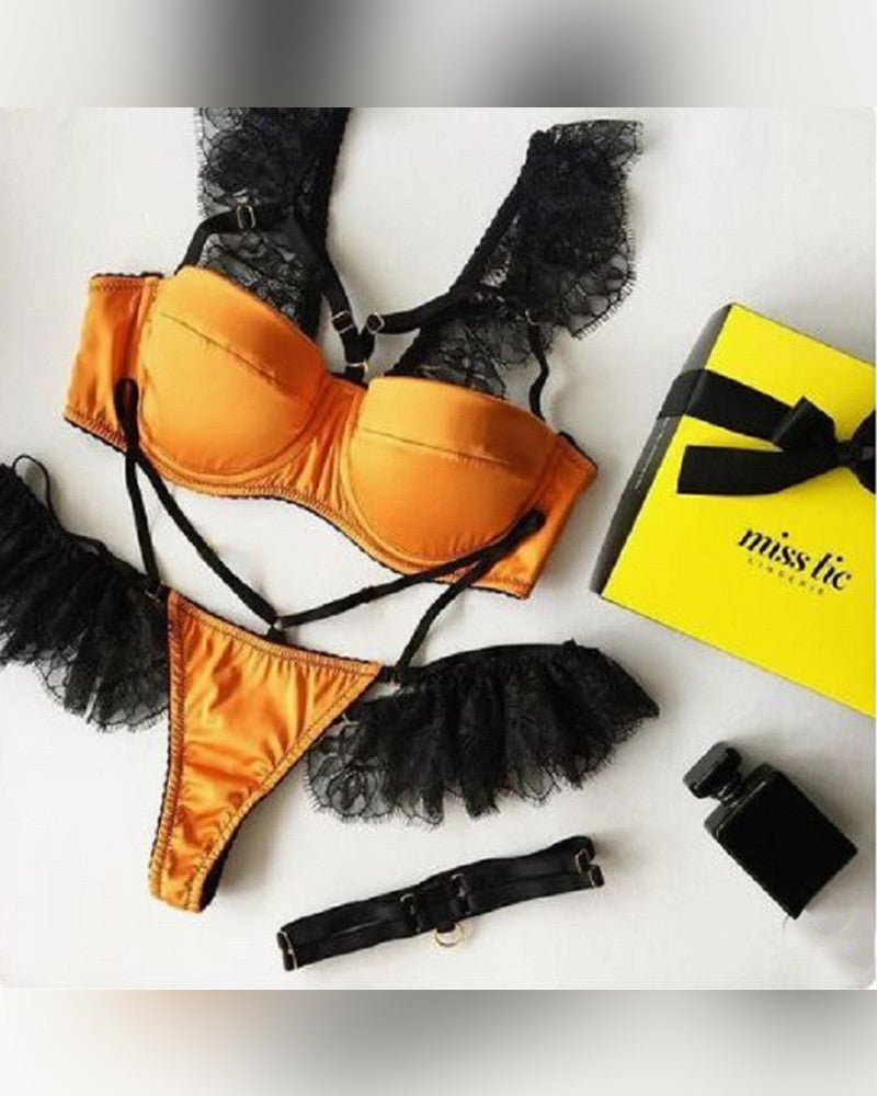 Lace & Mesh Patchwork Strap Bra With Panties Bikini Sets