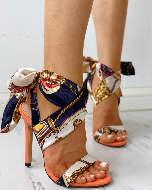 Satin Print Knotted Detail Thin Heeled Sandals
